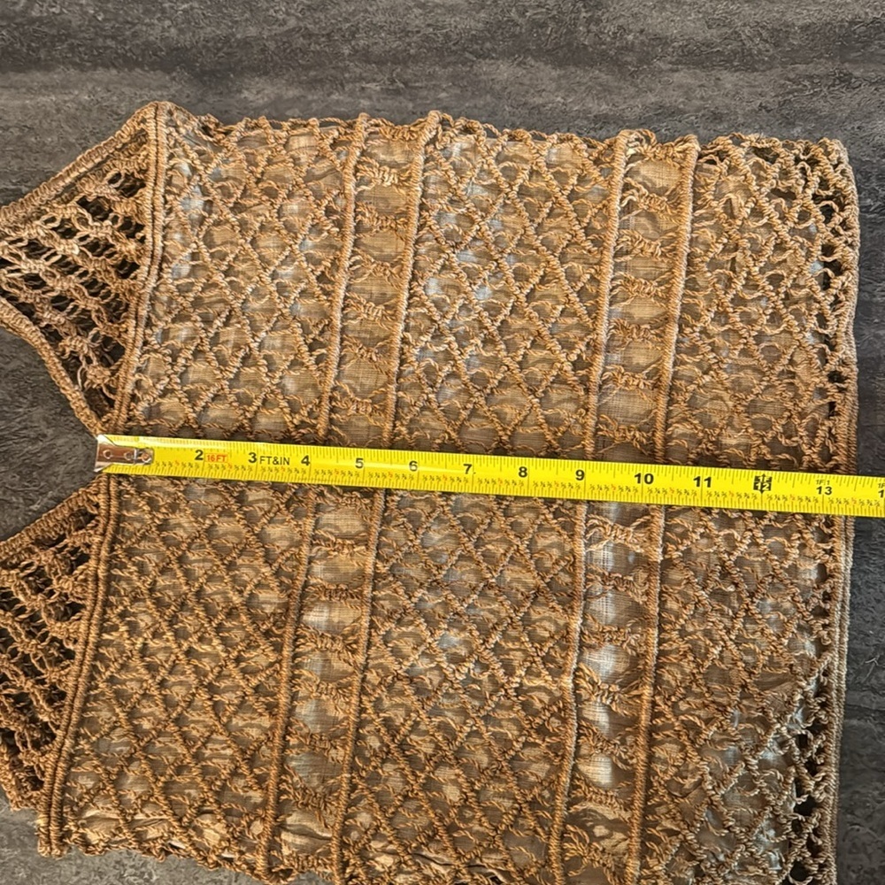 Vintage Crochet Jute Handbag Tan Cream Fabric Lining Double Handles - Picture 5 of 7